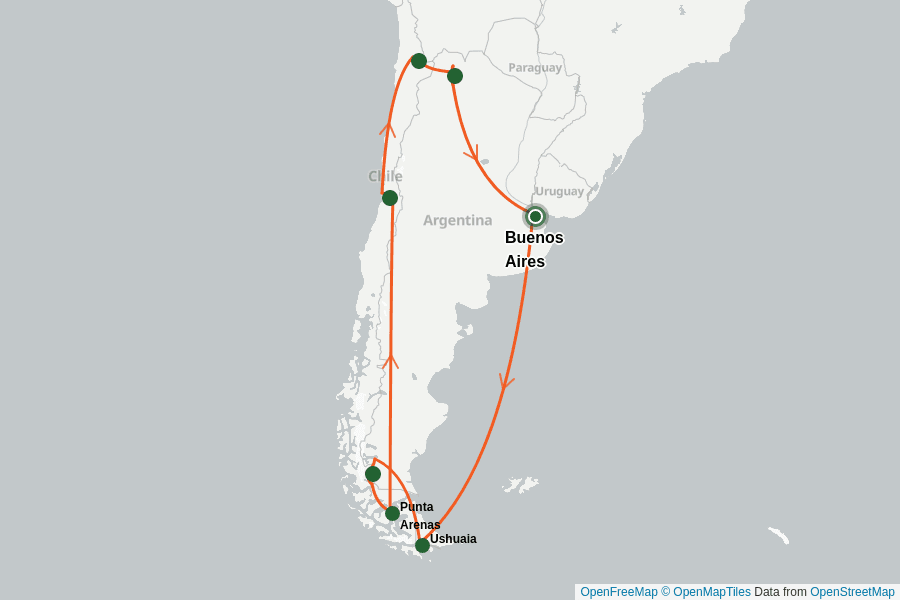 Itinerary Map image for Argentine et Chili du nord au sud