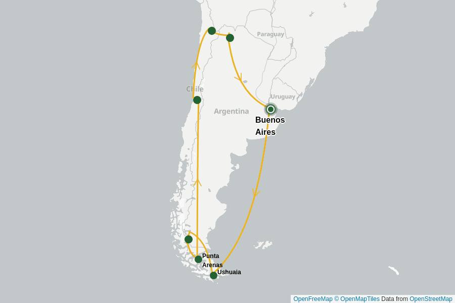 Itinerary Map image for Argentine et Chili du nord au sud